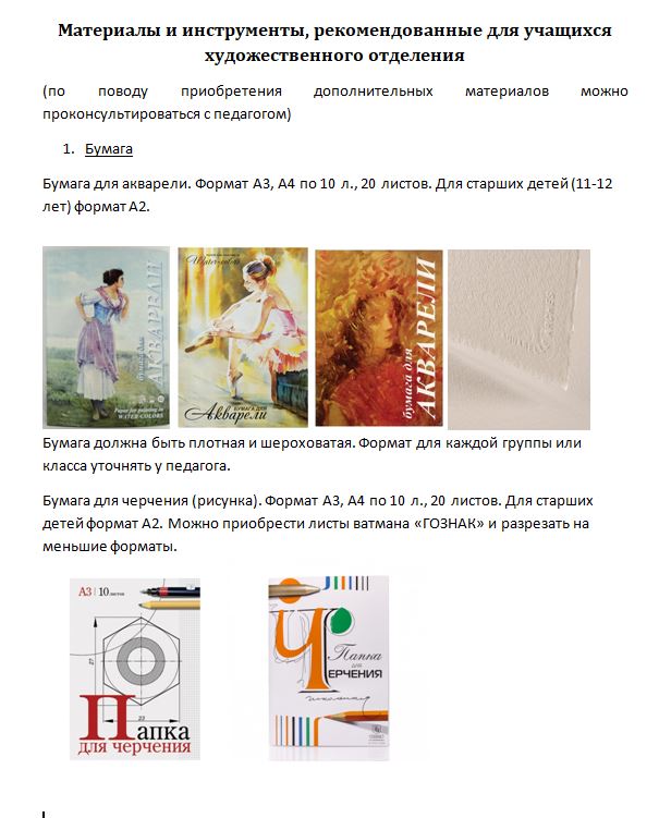 Список материалов необходимых для занятий по программе "Живопись"